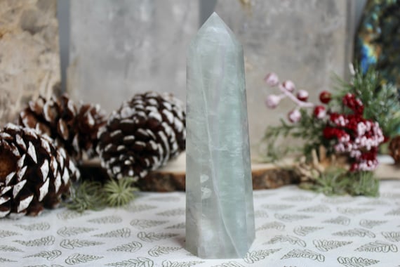 A+ 1.03 lb Pale Green Fluorite Generator Point with Rainbows,  All Polish Crystal Tower from Brazil, 16.5 oz