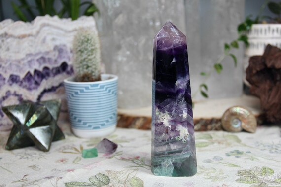 A+ Tricolor Banded Fluorite All Polish Generator Point with Rainbows and Quartz from Brazil, 8.7 oz rom Brazil