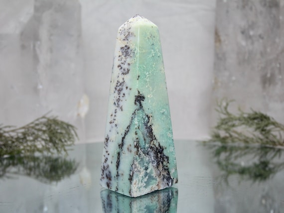 0.79 lb Dendritic Agate and Chrysoprase Crystal Obelisk, AAA+ Quality Rare Stone, 12.7 oz Chrysoprase Tower from Indonesia