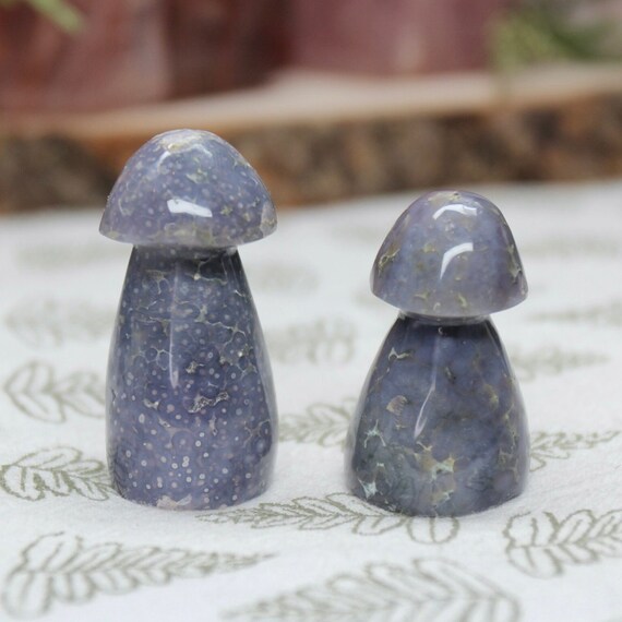 A++ Grape Agate Mushroom Pair with Druzy, 1.6 oz Carved Purple Crystal Mushrooms from Indonesia