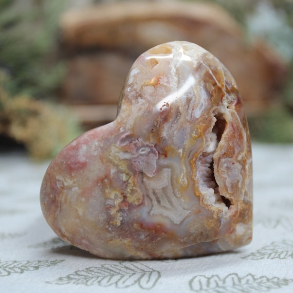Rare AAA++ Natural Pink Lace Agate Crystal Heart with Druzy Geode, 3.8 oz Polished Crystal Heart from Indonesia