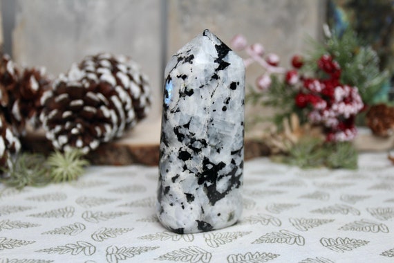 AA+ 0.72 Rainbow Moonstone and Black Tourmaline All Polish Generator Point, Amazing Rainbows, 11.6 oz Crystal from Brazil