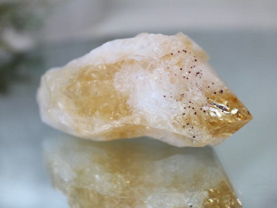 Raw Citrine Point with Rainbow Foils and Drusy Spots, AAA++ Quality, Ultra Clear 4.2 oz Mother Daughter Citrine Crystal from Brazil