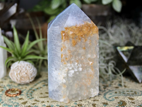 AA+ Agate and Clear Quartz Generator Point with Druzy, Top Polish and Raw Edge , 19.0 oz from Brazil