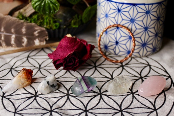 5 pc Love & Happiness Crystal Set, Tumbled Stones include: Raw Citrine, Moonstone, Fluorite, Prasiolite, Rose Quartz, High Frequency
