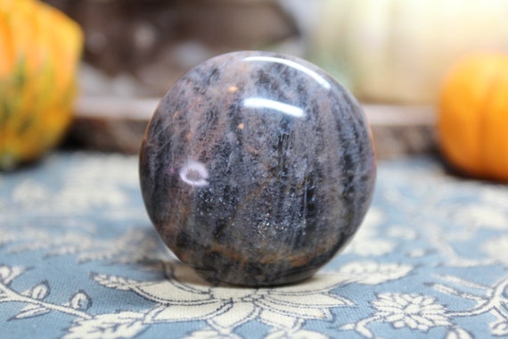 AA+ Black Moonstone All Polish Crystal Palm Stone, 3.5 oz from Madagascar
