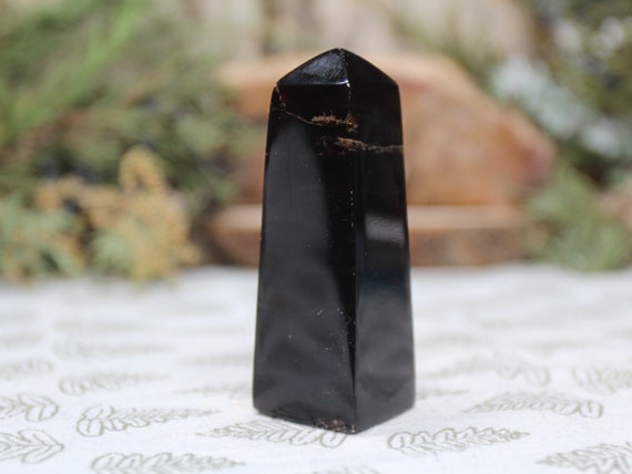 AAA+ Dark Amber Mini Obelisk Crystal Point, 1.1 oz UV Reactive Polished Amber Tower from Indonesia