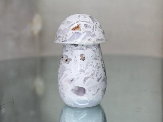 Snow Agate Crystal Carved Mushroom with Druzy, 6.4 oz AAA+ Quality Crystal Mushroom from Indonesia