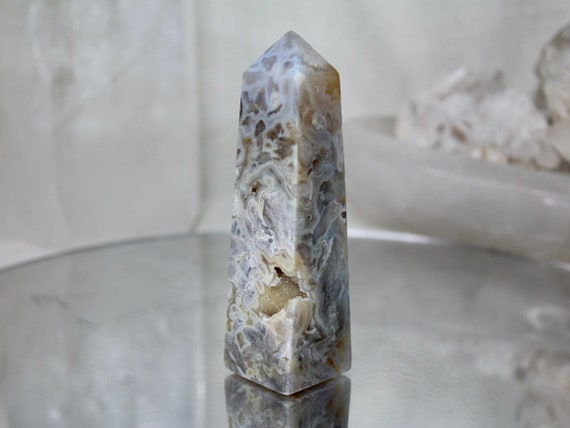 Flower Agate and Quartz Crystal Obelisk with Druzy, AAA++ Quality, 5.9 oz Crystal Tower from Indonesia, High Vibration, Energy Cleansed