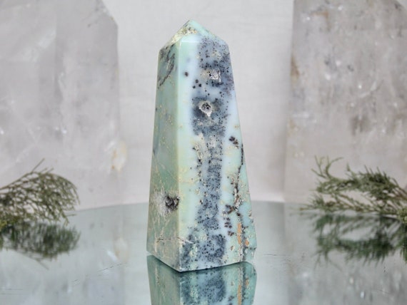 1.36 lb Dendritic Agate and Chrysoprase Crystal Obelisk, AAA+ Quality Rare Stone, 21.7 oz Chrysoprase Tower from Indonesia