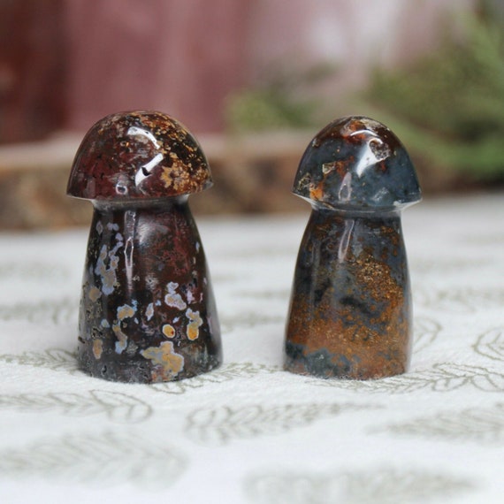 AA+ Ocean Jasper Mushroom Pair, 1.7 oz Carved Orbicular Jasper Crystal Mushrooms from Indonesia