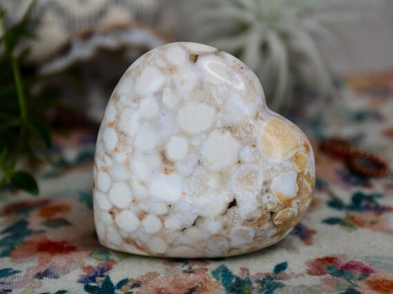 Flower Agate Polished Crystal Heart Stone, 4.9 oz