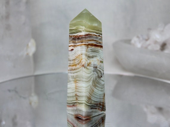 Green Banded Calcite Obelisk, AAA Quality, 6.2 oz Polished Calcite Tower from Indonesia, High Vibration, Reiki Charged, Free Fast Shipping