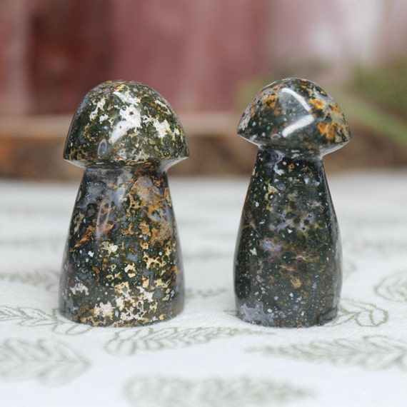 AAA+ Ocean Jasper Mushroom Pair with Druzy, 1.9 oz Carved Orbicular Jasper Crystal Mushrooms from Indonesia