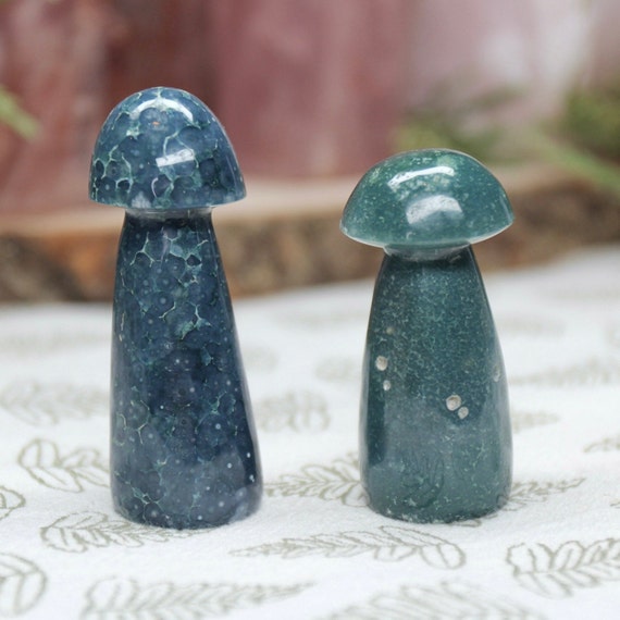 AAA+ Grape Agate Mushroom Pair with Druzy, 2.3 oz Carved Purple Crystal Mushrooms from Indonesia