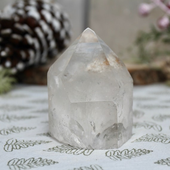 A+ 0.41 lb Clear Quartz Crystal Tower, Top Polish with Raw Edge, Generator Point with Rainbow Foils and Inclusions, 6.6 oz from Brazil