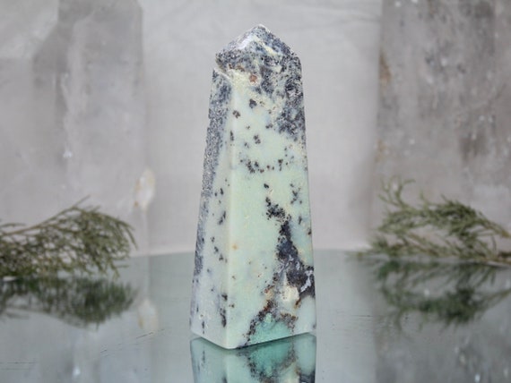 0.71 lb Dendritic Agate and Chrysoprase Crystal Obelisk, AAA+ Quality Rare Stone, 11.3 oz Chrysoprase Tower from Indonesia