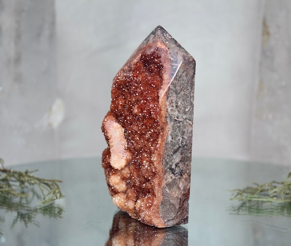 Red Druzy Sphalerite and Quartz Generator Point, AAA++ Quality, 14.8 oz Crystal Tower from Indonesia, Energy Cleanse, Fast free Shipping
