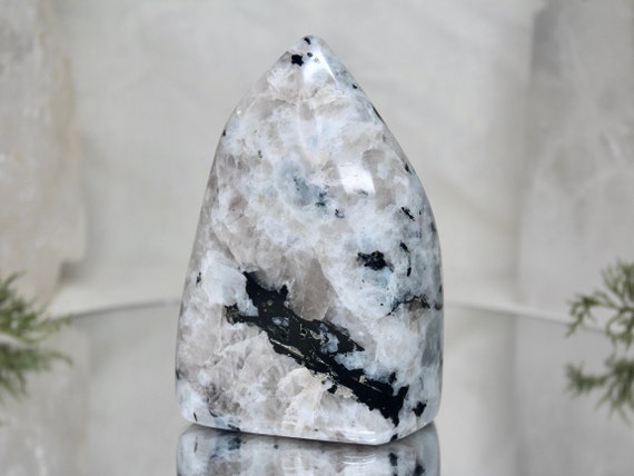 1.93 Rainbow Moonstone and Black Tourmaline Crystal Freeform, AAA+++ Quality with Amazing Rainbows, 30.8 oz Crystal from Brazil