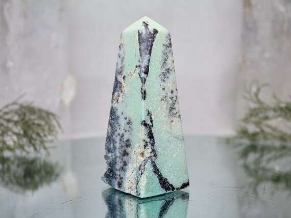 Dendritic Agate and Chrysoprase Crystal Obelisk, A+ Quality Rare Stone, 8.6 oz Chrysoprase Tower from Indonesia