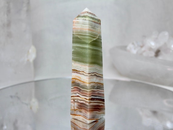 Green Banded Calcite Obelisk, AAA++ Quality, 6.2 oz Polished Calcite Tower from Indonesia, High Vibration, Reiki Charged, Free Fast Shipping