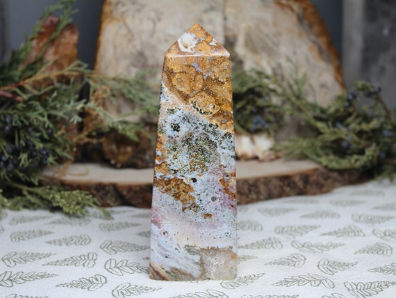 AAA+++ Ocean Jasper Obelisk with Druzy and Clear Quartz, 10.8 oz Polished Tower Point from Indonesia