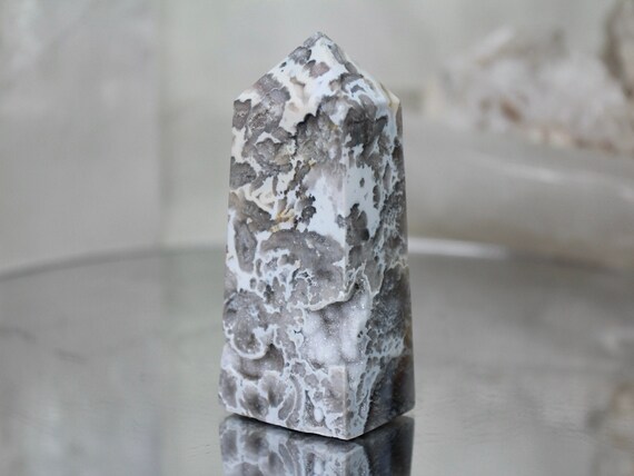 Flower Agate and Quartz Crystal Obelisk with Druzy, AAA++ Quality, 8.2 oz Crystal Tower from Indonesia, High Vibration, Energy Cleansed