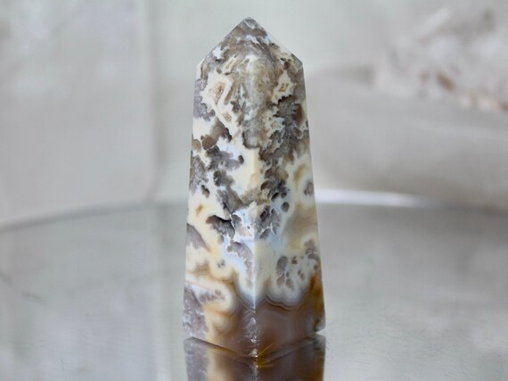 Flower Agate and Quartz Crystal Obelisk with Druzy, A+ Quality, 5.2 oz Crystal Tower from Indonesia, High Vibration, Energy Cleansed