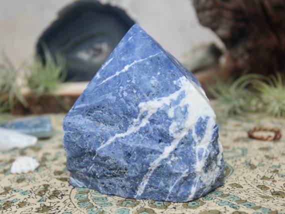 AA+ Sodalite Crystal Generator Point, 14.1 oz Raw Edge With Top Polish, from Brazil