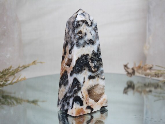 RARE Zebra Jasper Crystal Obelisk with Quartz and Druzy, AAA Quality, 1.04 lb/ 16.6 oz Rare Jasper Tower from Indonesia