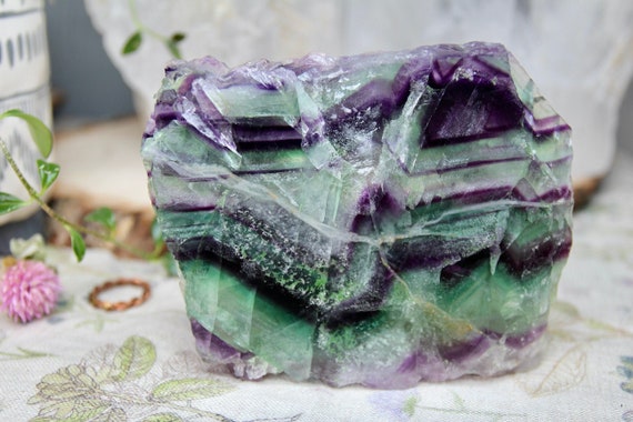 A+ Dark Purple Chevron Fluorite Crystal Slab from Mexico, 12.6 oz Crystal Slice with Rainbow Foils