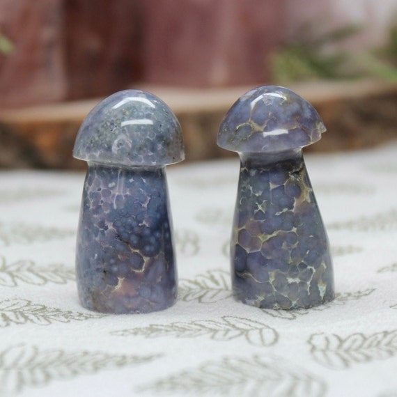 A+ Grape Agate Mushroom Pair with Druzy, 1.6 oz Carved Purple Crystal Mushrooms from Indonesia