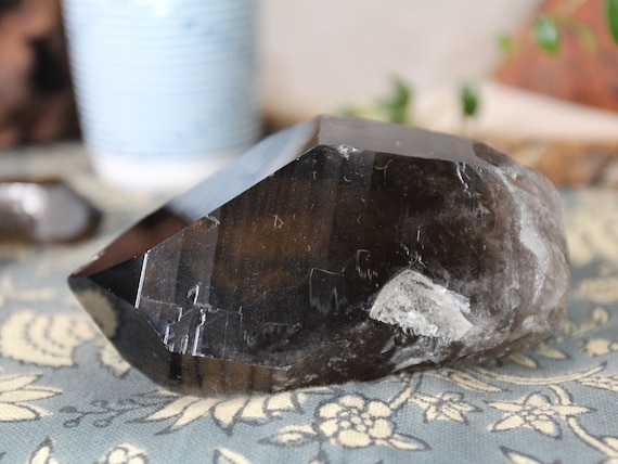 Natural Smokey Quartz Crystal Point , with Rainbow Foils and Etchings, 12.7 oz
