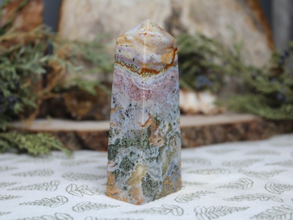 AAA+ Ocean Jasper Obelisk with Druzy and Clear Quartz, 5.6 oz Polished Tower Point from Indonesia