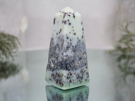 Dendritic Agate and Chrysoprase Crystal Obelisk, A+ Quality Rare Stone, 5.5 oz Chrysoprase Tower from Indonesia