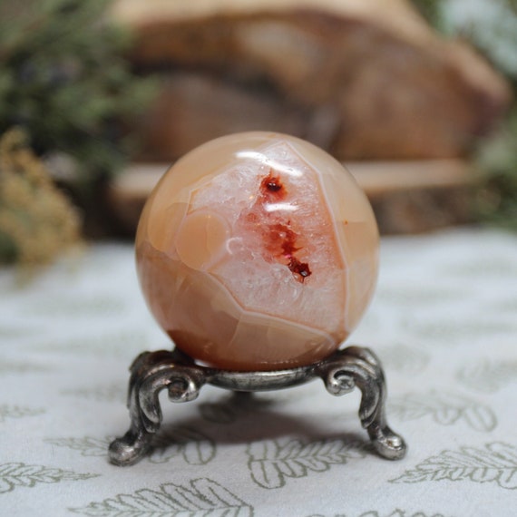 AA+ 42.3 mm Banded Carnelian and Clear Quartz Crystal Polished Sphere, 3.5 oz Crystal from Indonesia