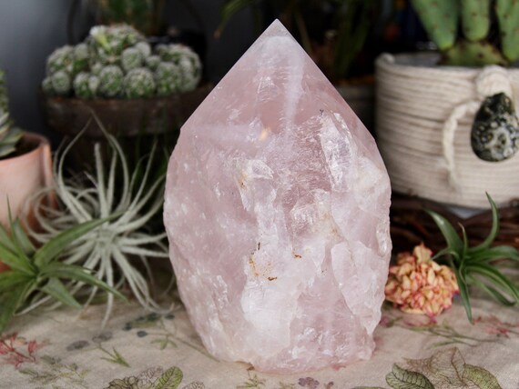AAA+ 3.41 lb Rose Quartz Crystal Generator Point with Rainbows and Faden Lines, Raw Edge and Top Polish,  54.6 oz from Brazil