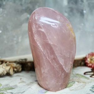 Polished Rose Quartz Crystal Freeform: Rainbows & Hematite Inclusions