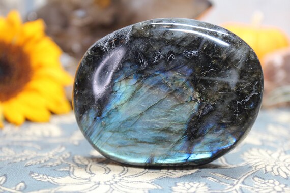 AA+ 0.58 lb Rainbow Labradorite XL Polished Crystal Palm Stone, 9.2 oz Crystal from Brazil