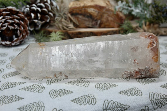 AA++ 1.76 lb Lemurian Quartz Natural Point with Rainbows, Barnacle Clusters, Hematoid Inclusions and Raw Edge, 28.2 oz High Frequency Stone