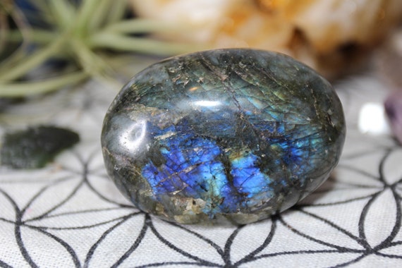 Blue Rainbow Labradorite Polished Palm Stone, 3.8 oz Crystal from Brazil