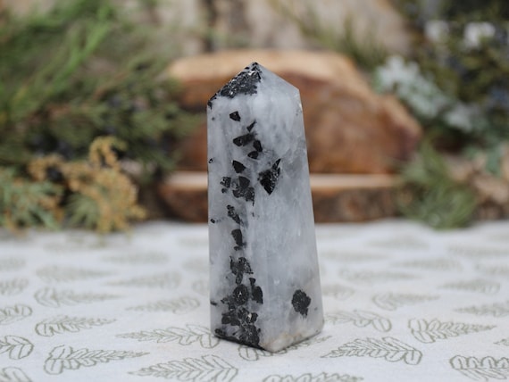 A+ Black Tourmaline in Quartz Crystal Tower, Schorl, All Polish Obelisk Point, 3.5 oz from Brazil