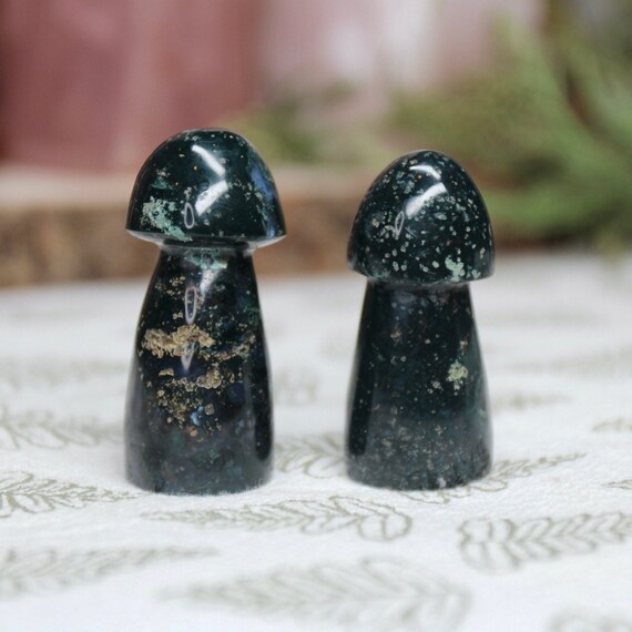 A+ Ocean Jasper Mushroom Pair, 1.3 oz Carved Orbicular Jasper Crystal Mushrooms from Indonesia