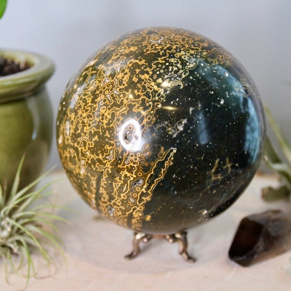 102mm Ocean Jasper Crystal Sphere, Dark Green and Tan, 50.3 oz,  3.14 lb Jasper Crystal Ball