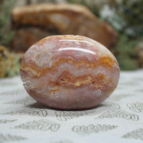 Rare AA+ Natural Pink Lace Agate Crystal Palmstone, 4.3 oz Polished Large Palmstone, Hand Stone from Indonesia