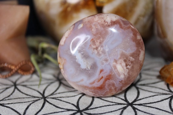 A+ Flower Agate, Cherry Blossom Quartz, Polished Crystal Palm Stone with Inclusions, 5.8 oz from Brazil