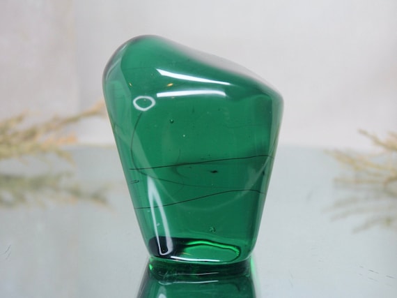 RARE Green Obsidian Freeform with Rainbows, AA+ Quality, Ultra Rare Blue Volcanic Glass, Polished 0.88 lb / 14.1 oz from Indonesia