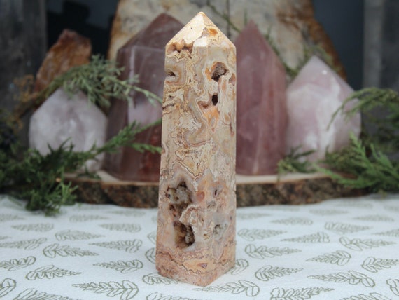 AAA Natural Crazy Lace Agate Tower with Druzy, 6.1 oz Rare Pink Agate Obelisk from Indonesia