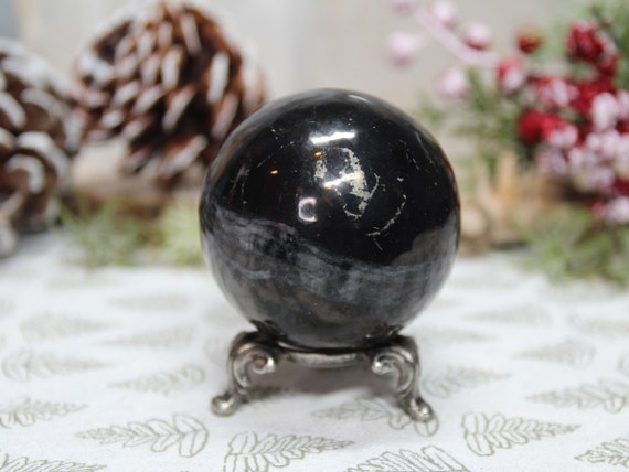 A+ 59.8 mm Black Tourmaline and Quartz Crystal Sphere, 9.4 oz Schorl All Polish Crystal Ball from Brazil