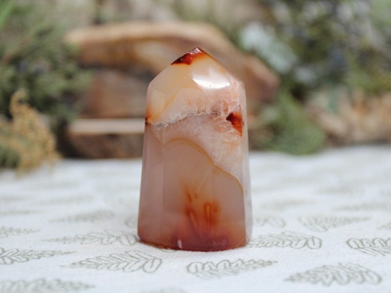 AAA+ Carnelian Crystal Generator Point with Clear Quartz and Rainbows, 3.4 oz Polished Crystal from Indonesia